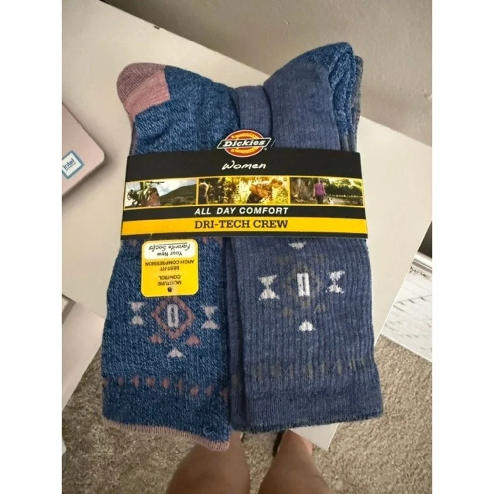 Dickies Womens Dri-Tech Crew Socks 2 Pair Blue Pink Aztec Pattern DW161002LHP